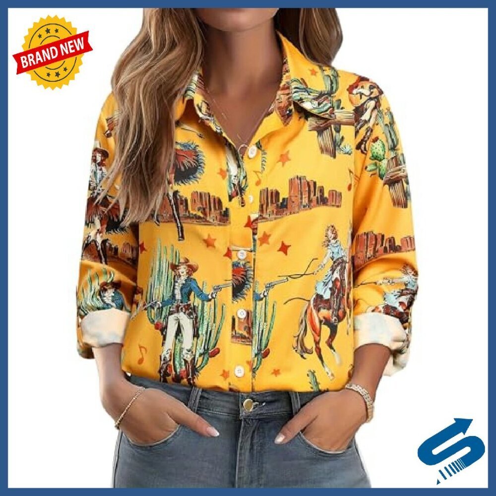 Women's Western Cowgirl Graphic Button Down Shirt 3/4 Sleeve Polyester - Picture 2 of 8